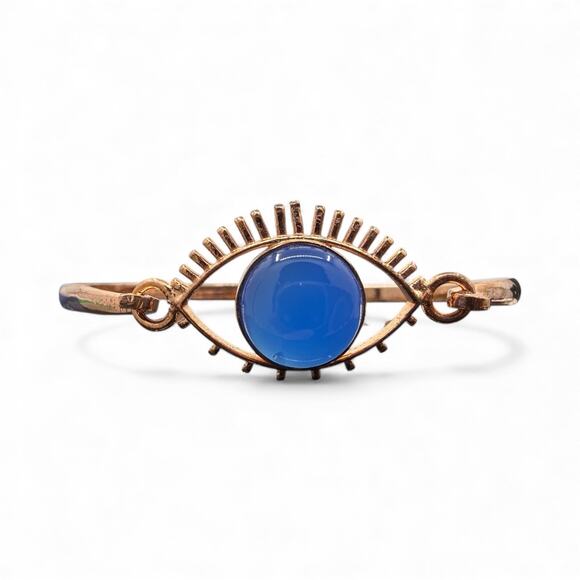 Natural Blue Chalcedony Eye Hook Bangle Bracelet Handmade Solid Copper Artisan - Picture 1 of 8